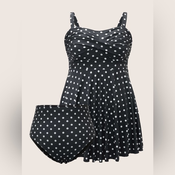 Size 22 - 24 • 3x • BloomChic • black Polka Dot Crossover Flutter Hem Swim Dress - Picture 7 of 7